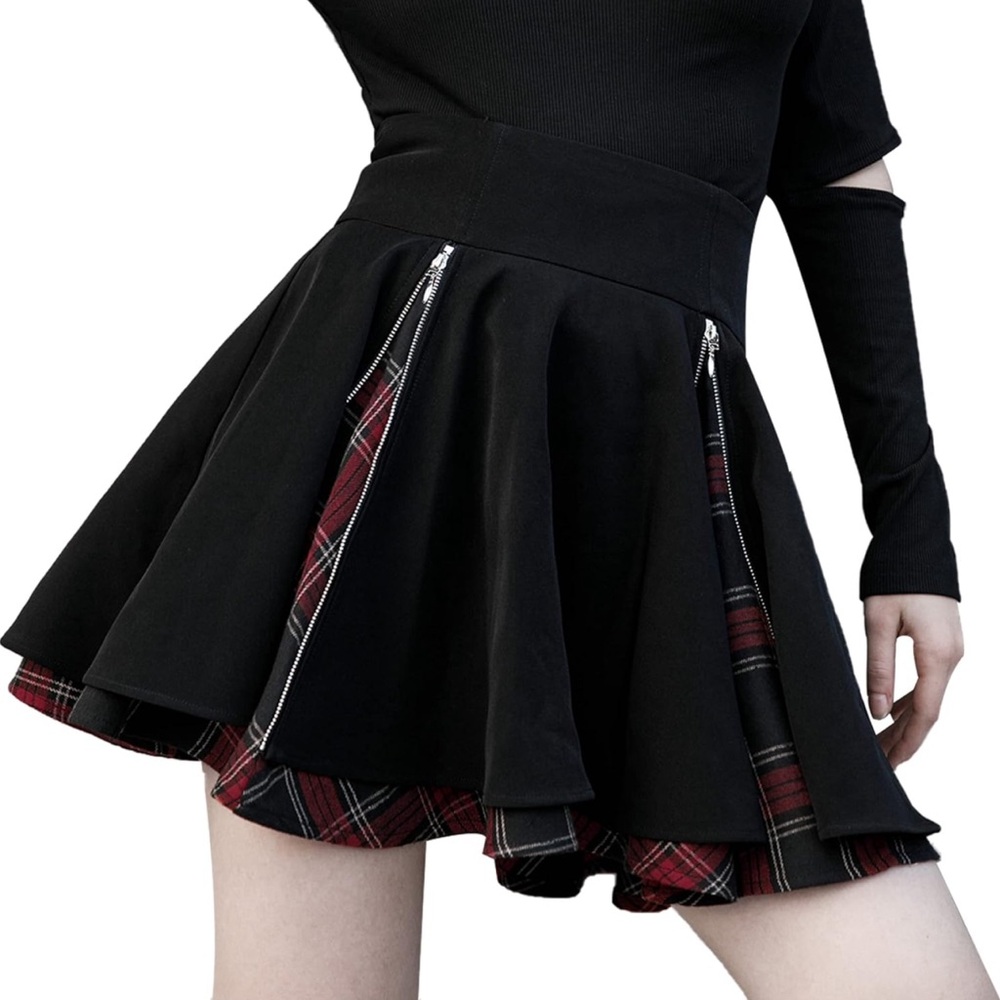 Red Plaid and Black Skirt with Zippers 2XL